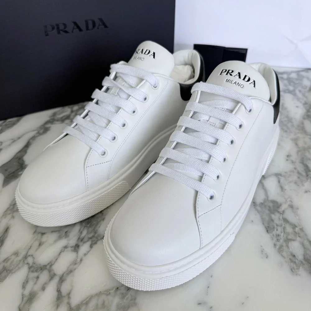 Prada Women White Leather Low Top Sneakers Black Heel Tab 1E621M Size US 9.5
